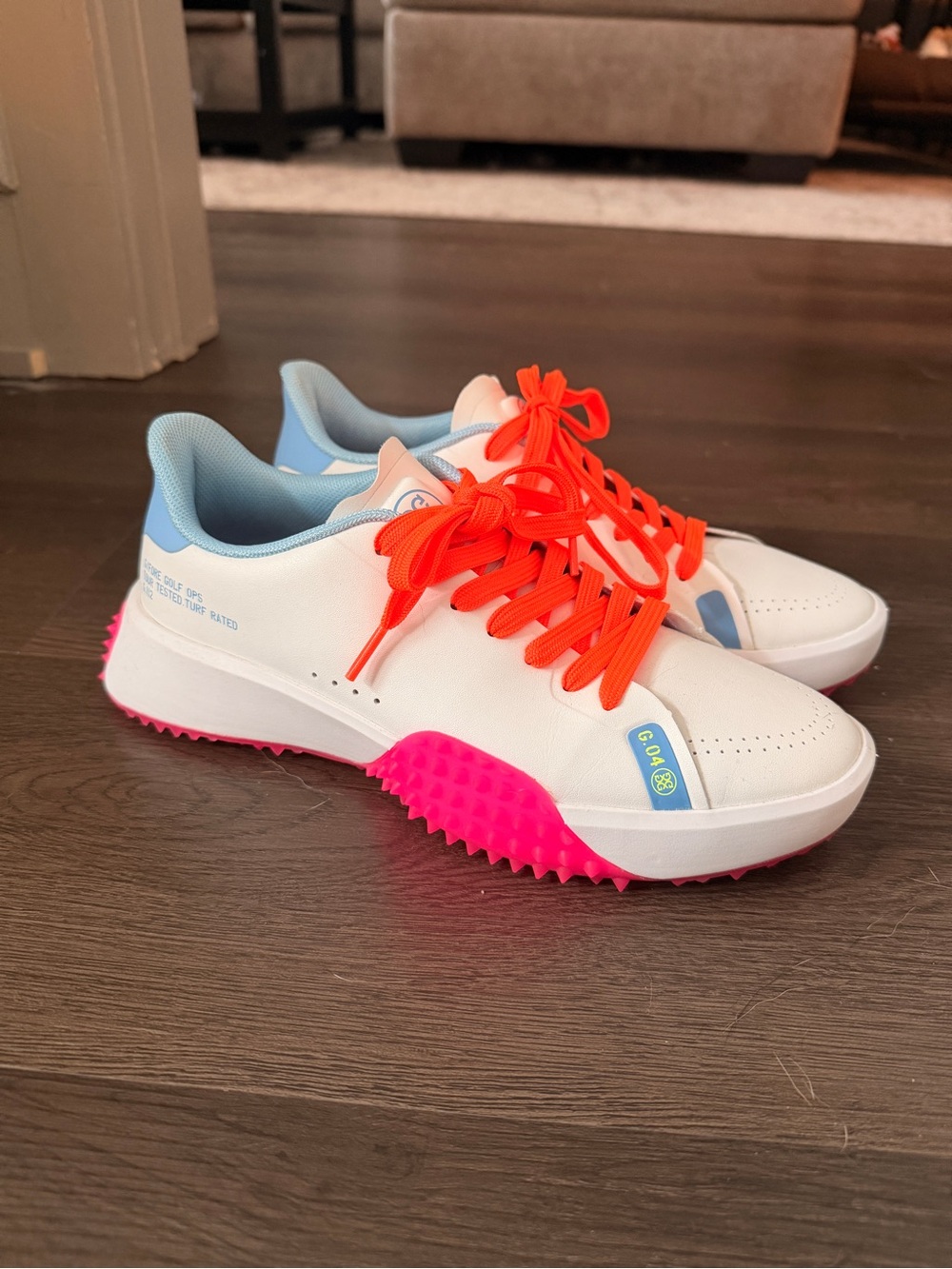 G/FORE G.112 White Sneakers with Neon Pink Sole and Bright Orange Laces